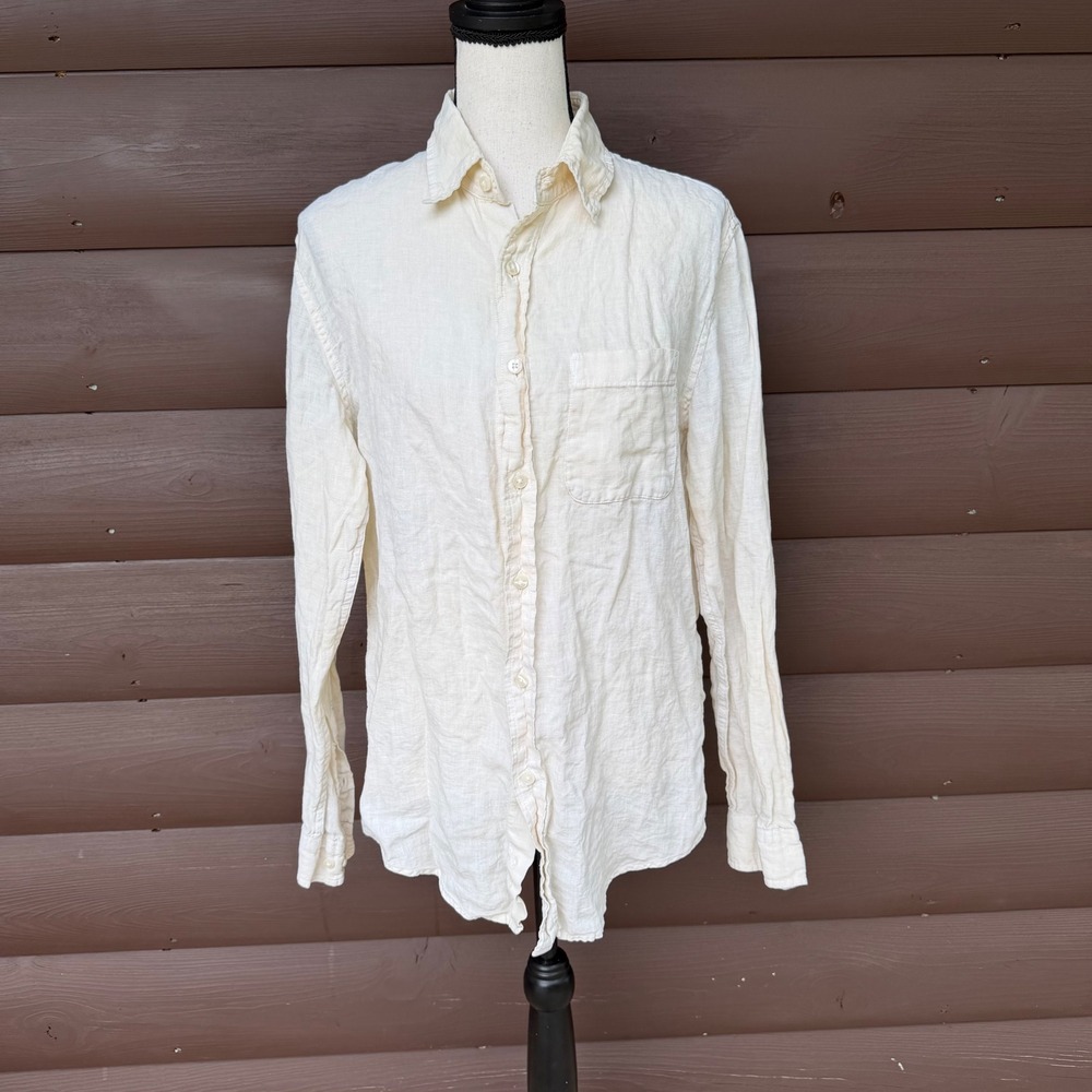 L.L. Bean Button Down Shirt Mens S Cream Linen Long Sleeve Slightly Fitted